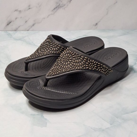 CROCS Shoes Crocs Monterey Diamante Black Wedge Flip Flop Sandals
